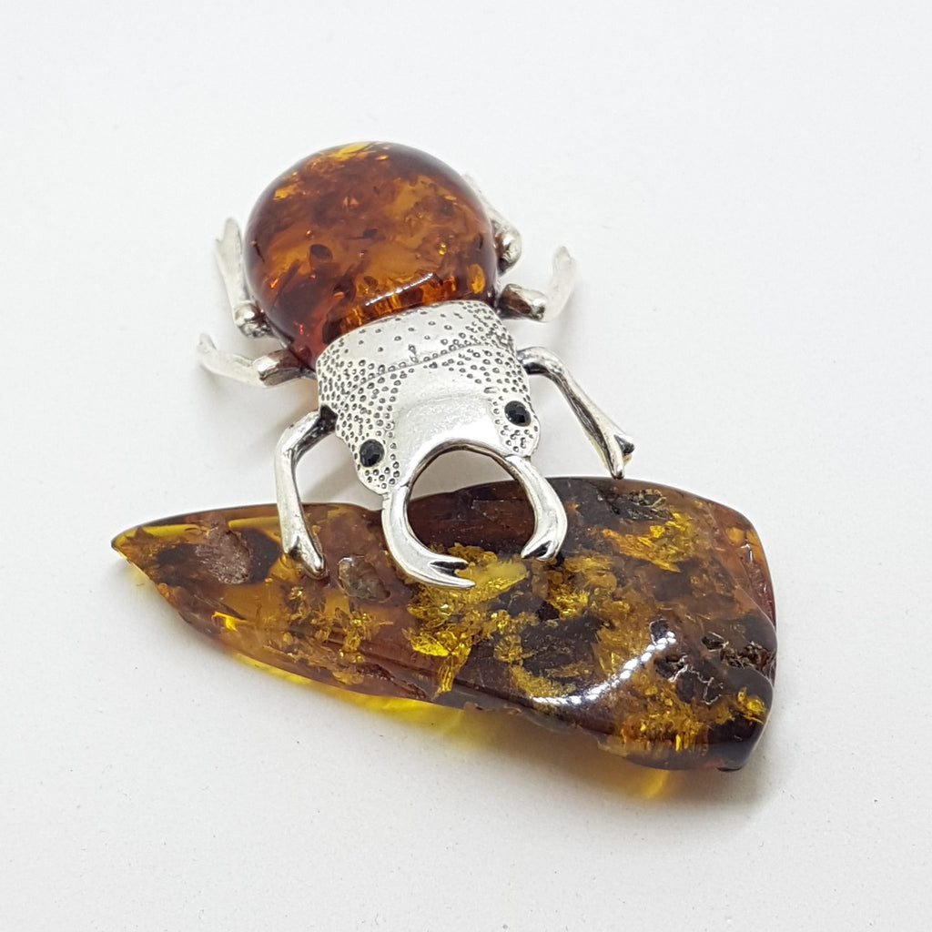 Large Beetle / Stag Beetle - Solid Sterling Silver Natural Baltic Amber Animal Figurine / Statue / Sculpture
