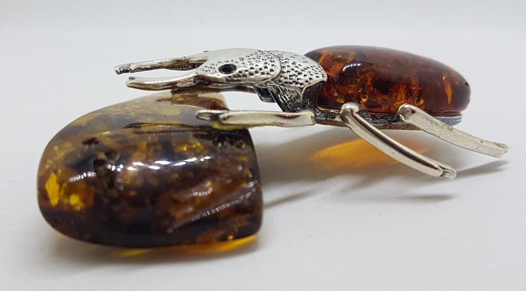 Large Beetle / Stag Beetle - Solid Sterling Silver Natural Baltic Amber Animal Figurine / Statue / Sculpture