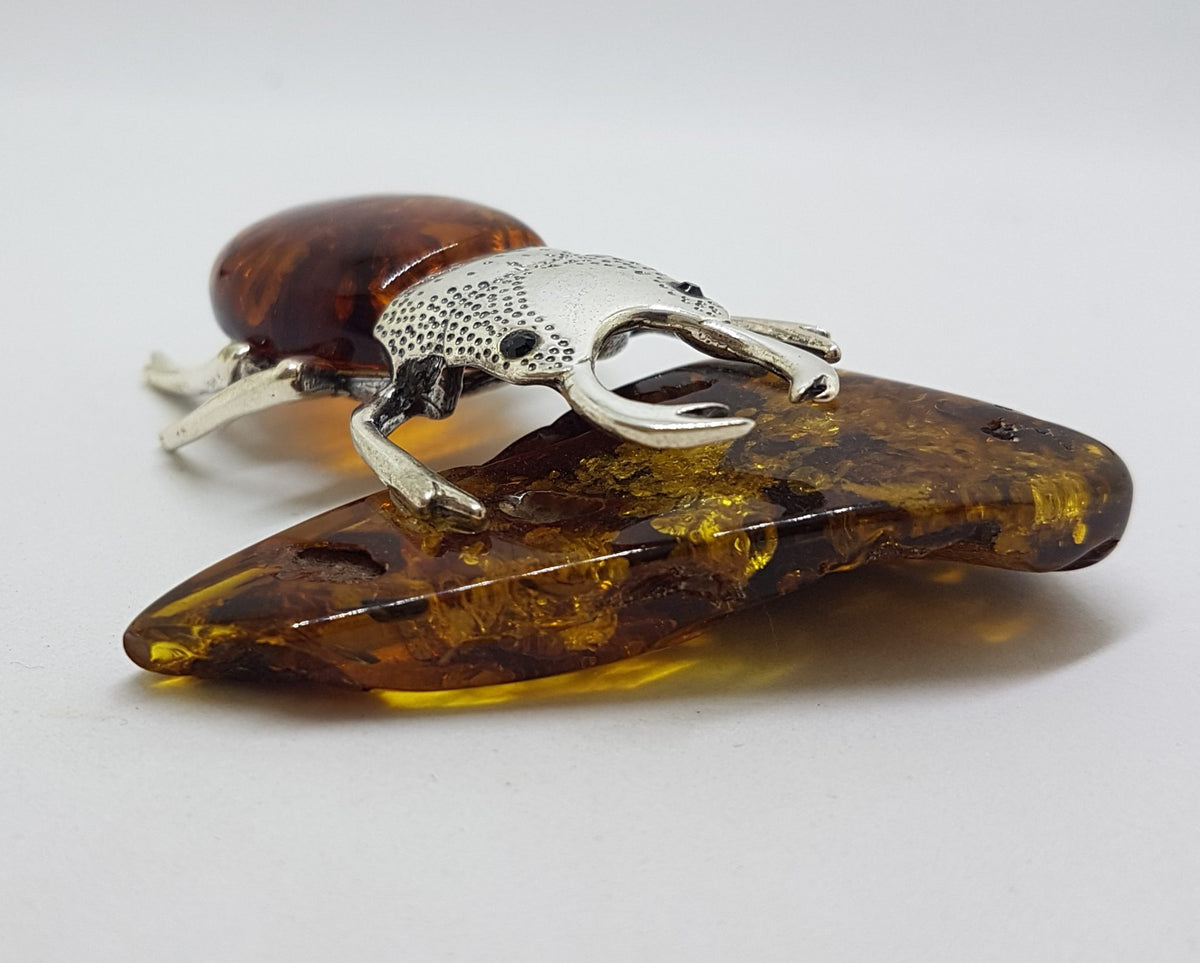 Large Beetle / Stag Beetle - Solid Sterling Silver Natural Baltic Amber Animal Figurine / Statue / Sculpture