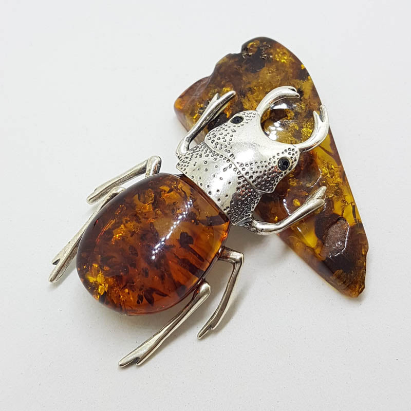 Large Beetle / Stag Beetle - Solid Sterling Silver Natural Baltic Amber Animal Figurine / Statue / Sculpture
