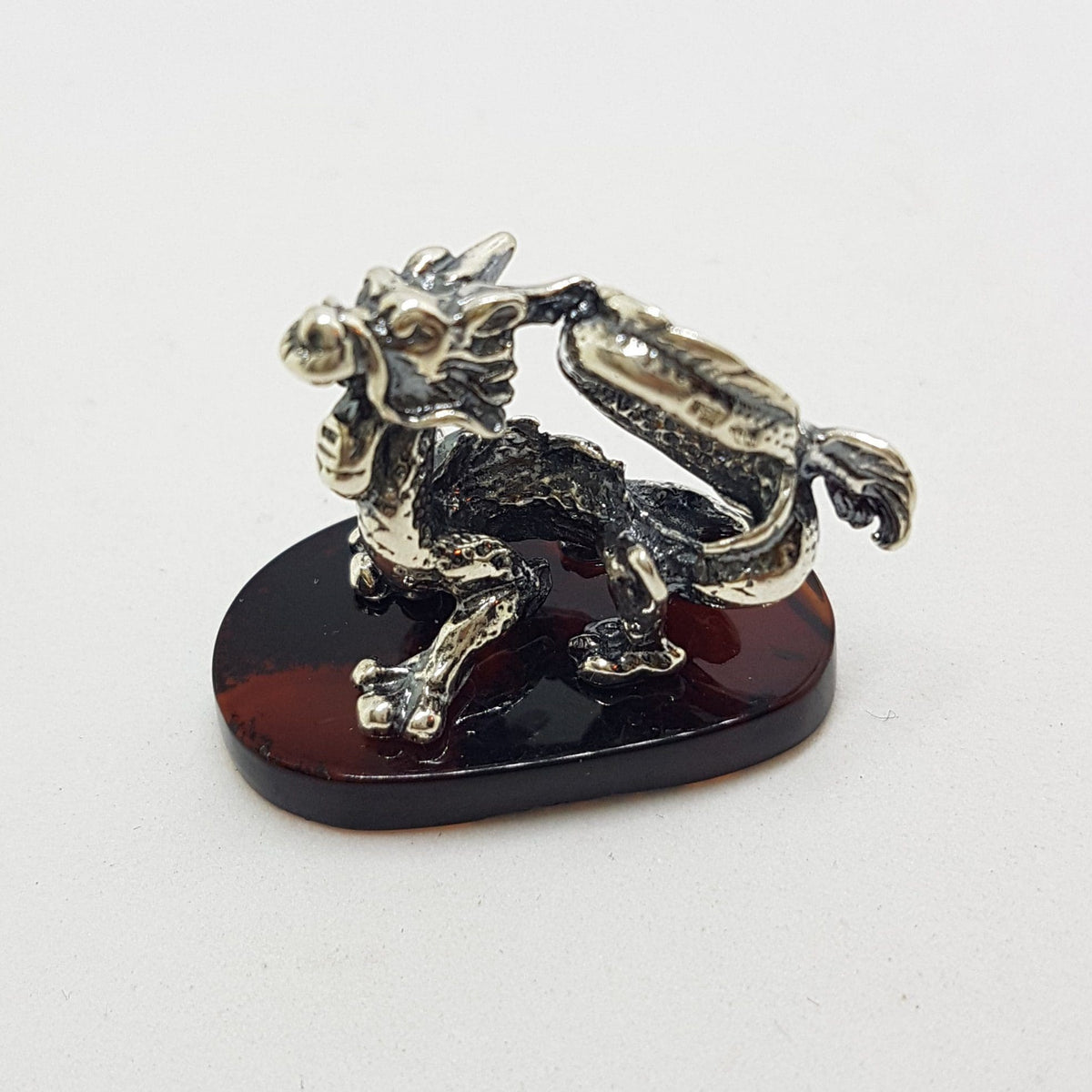 Dragon - Sterling Silver Natural Baltic Amber Small Animal Figurine / Statue / Sculpture