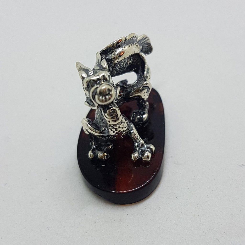 Dragon - Sterling Silver Natural Baltic Amber Small Animal Figurine / Statue / Sculpture