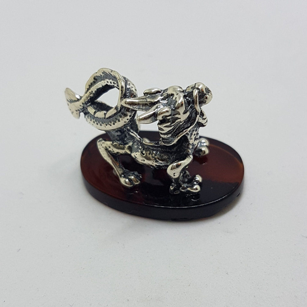 Dragon - Sterling Silver Natural Baltic Amber Small Animal Figurine / Statue / Sculpture