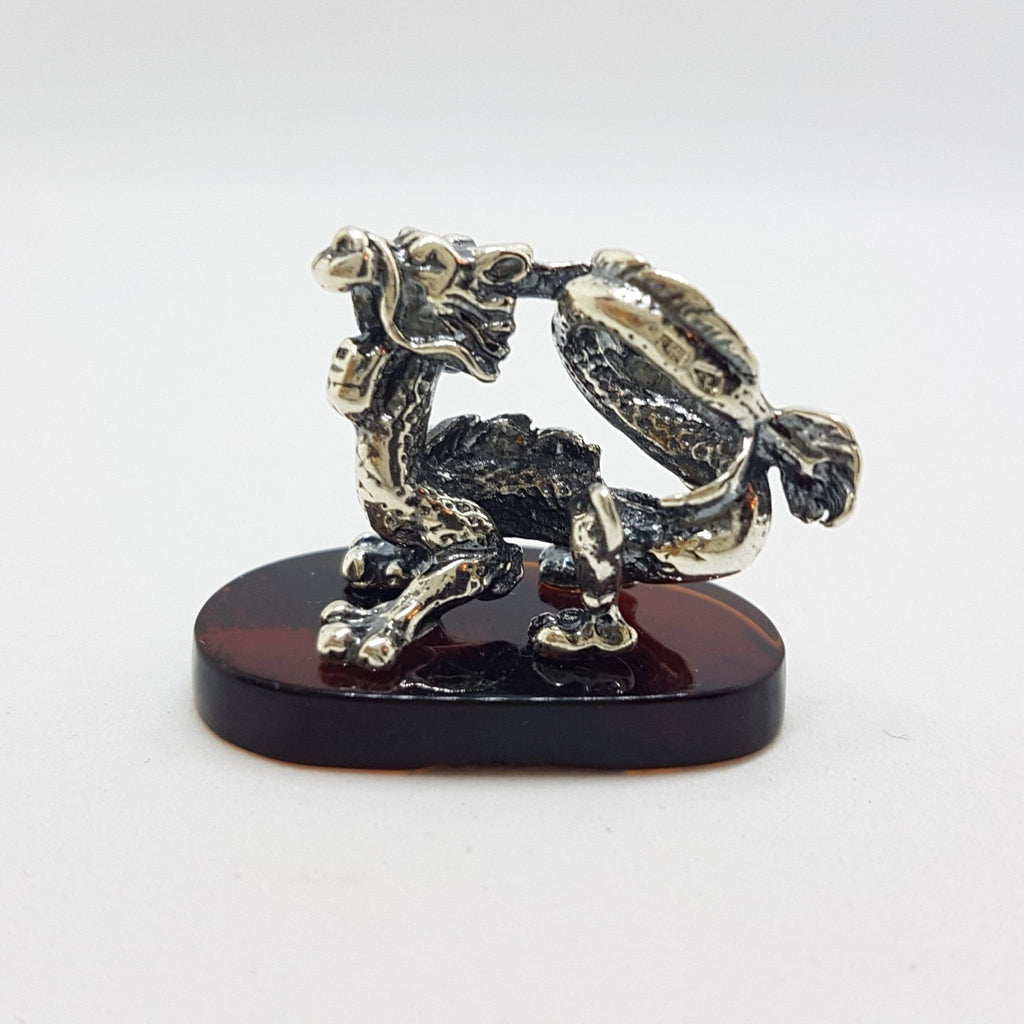 Dragon - Sterling Silver Natural Baltic Amber Small Animal Figurine / Statue / Sculpture