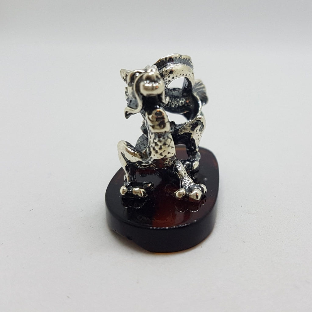 Dragon - Sterling Silver Natural Baltic Amber Small Animal Figurine / Statue / Sculpture