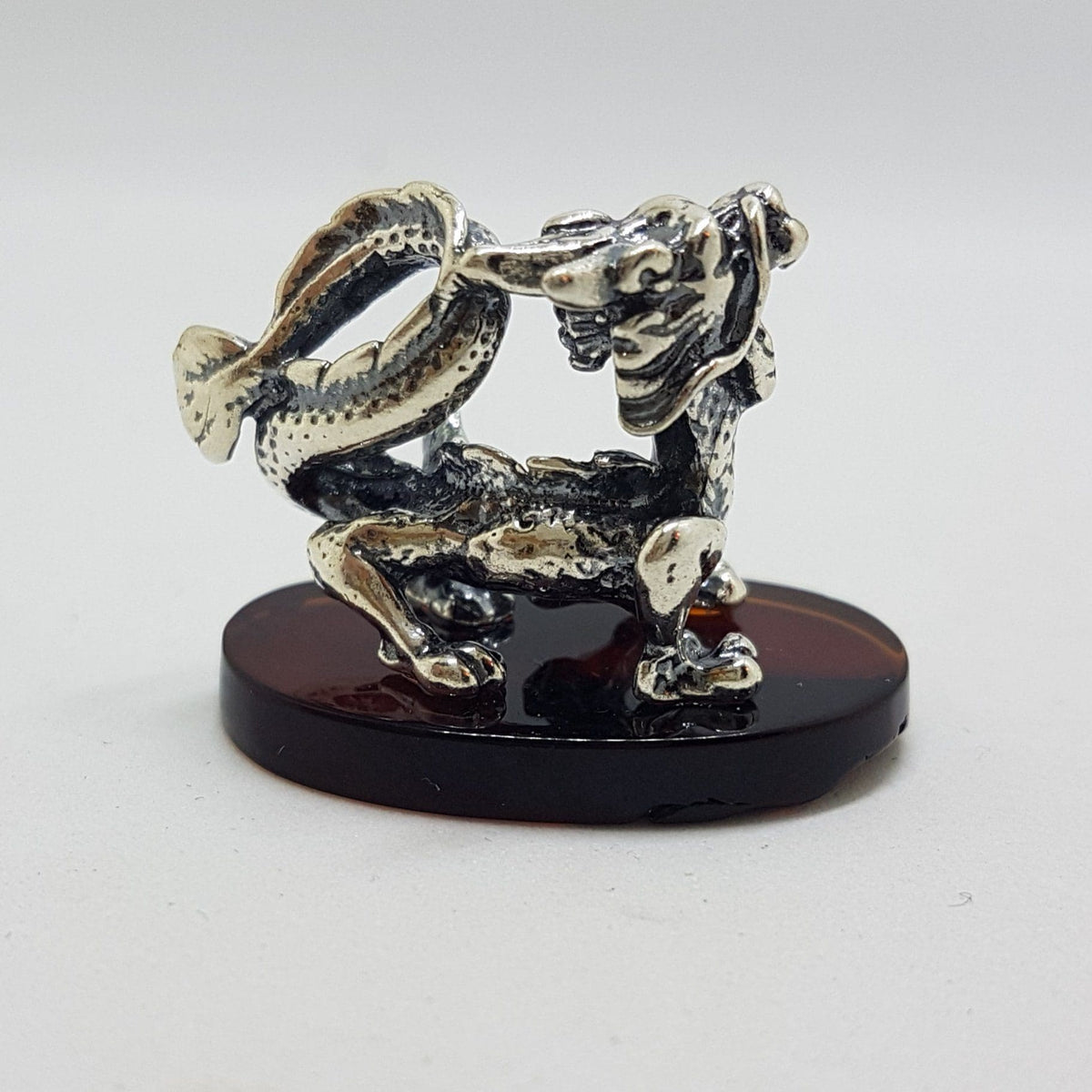 Dragon - Sterling Silver Natural Baltic Amber Small Animal Figurine / Statue / Sculpture