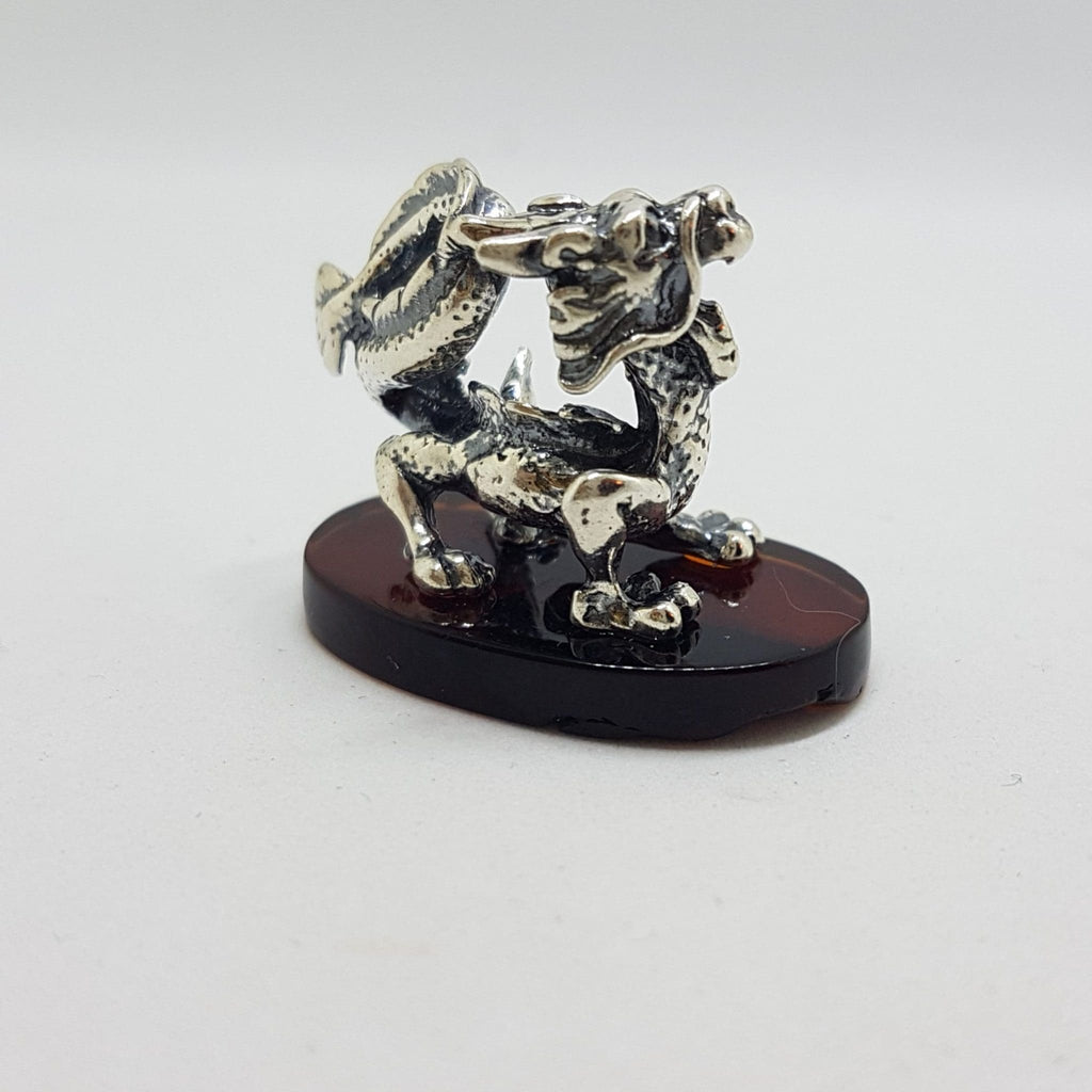 Dragon - Sterling Silver Natural Baltic Amber Small Animal Figurine / Statue / Sculpture