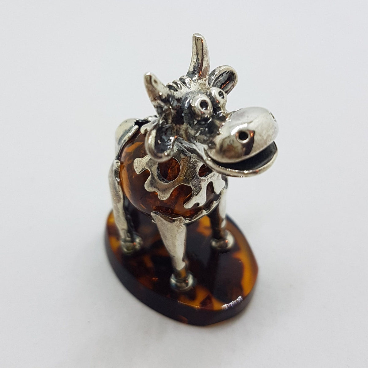 Gorgeous Cow / Bull - Sterling Silver Natural Baltic Amber Animal Figurine / Statue / Sculpture