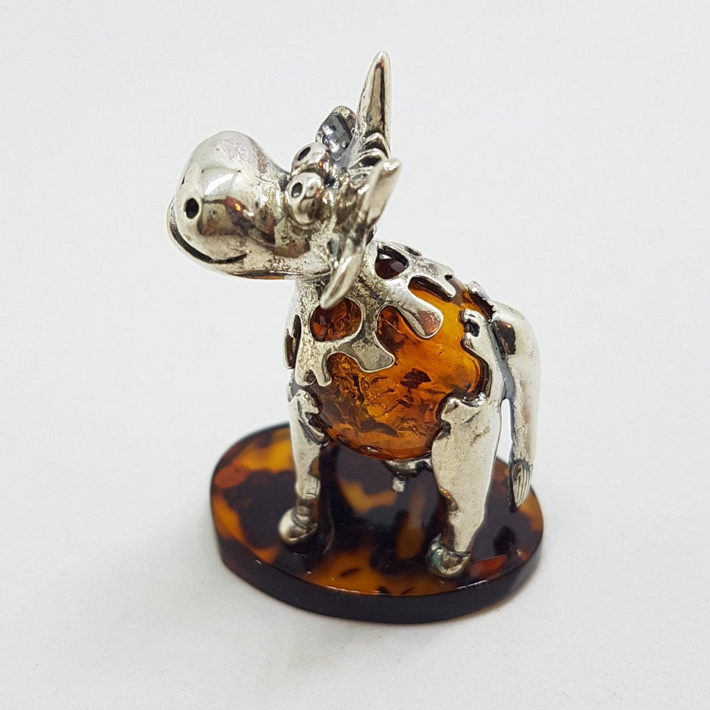 Gorgeous Cow / Bull - Sterling Silver Natural Baltic Amber Animal Figurine / Statue / Sculpture