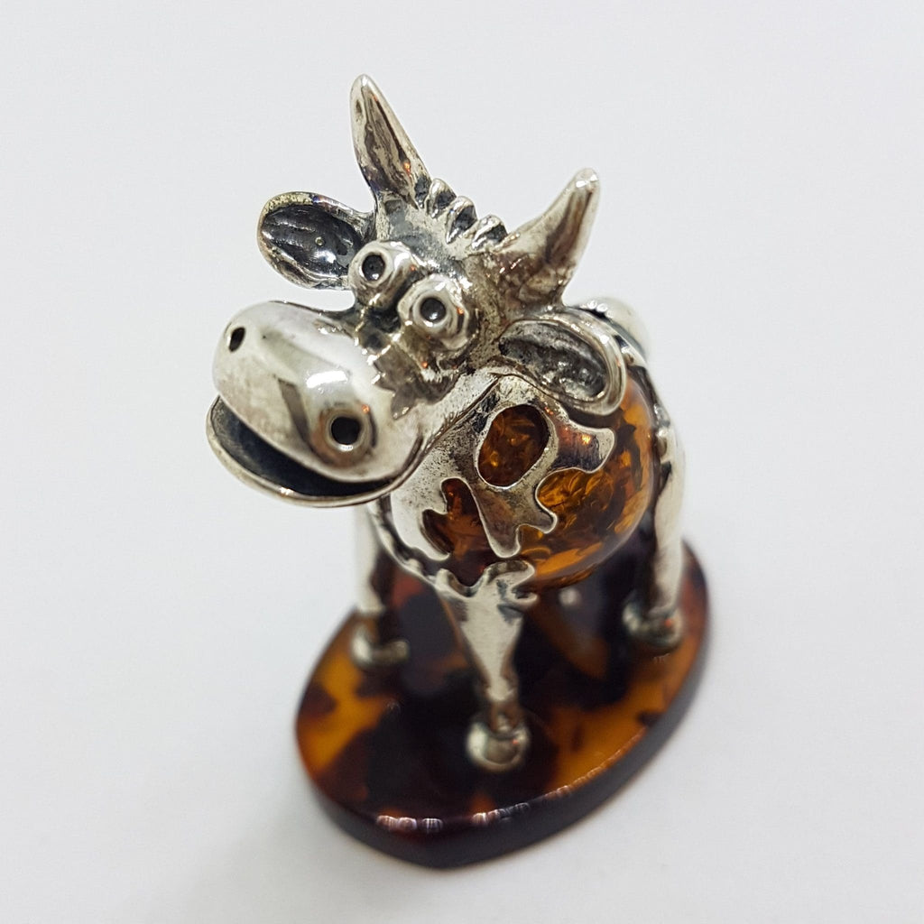 Gorgeous Cow / Bull - Sterling Silver Natural Baltic Amber Animal Figurine / Statue / Sculpture