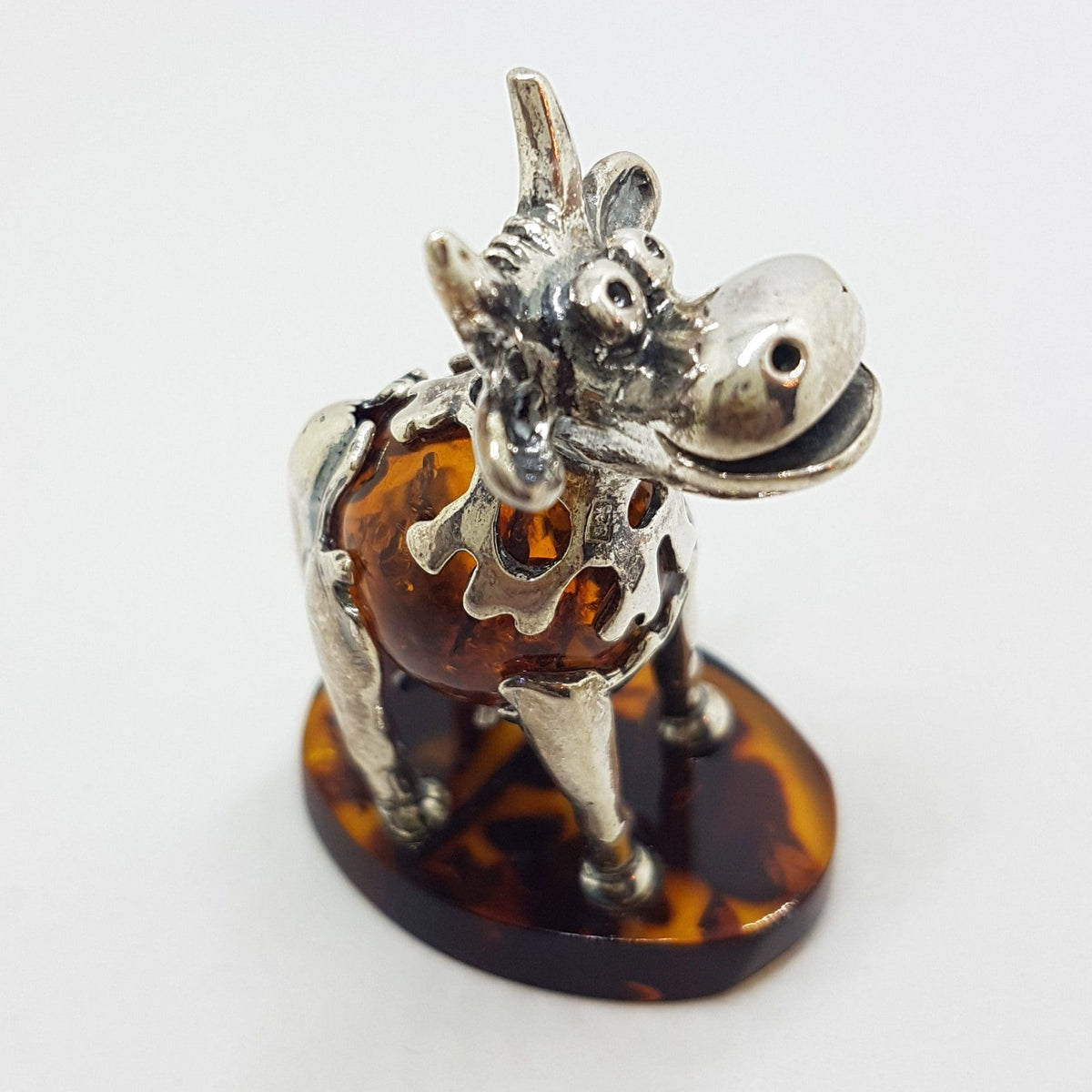 Gorgeous Cow / Bull - Sterling Silver Natural Baltic Amber Animal Figurine / Statue / Sculpture