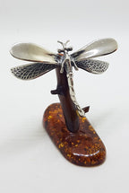 Dragonfly - Solid Sterling Silver Natural Baltic Amber Animal Figurine / Statue / Sculpture