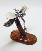 Dragonfly - Solid Sterling Silver Natural Baltic Amber Animal Figurine / Statue / Sculpture