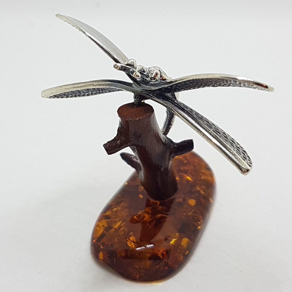Dragonfly - Solid Sterling Silver Natural Baltic Amber Animal Figurine / Statue / Sculpture