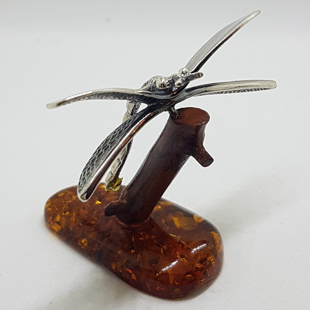 Dragonfly - Solid Sterling Silver Natural Baltic Amber Animal Figurine / Statue / Sculpture