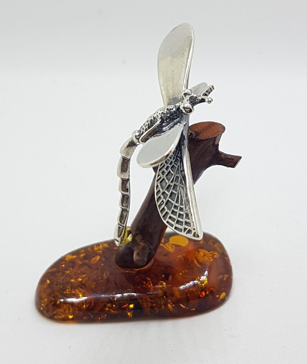 Dragonfly - Solid Sterling Silver Natural Baltic Amber Animal Figurine / Statue / Sculpture