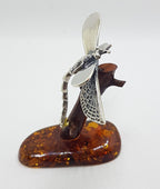 Dragonfly - Solid Sterling Silver Natural Baltic Amber Animal Figurine / Statue / Sculpture