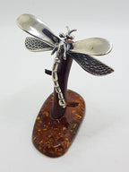 Dragonfly - Solid Sterling Silver Natural Baltic Amber Animal Figurine / Statue / Sculpture