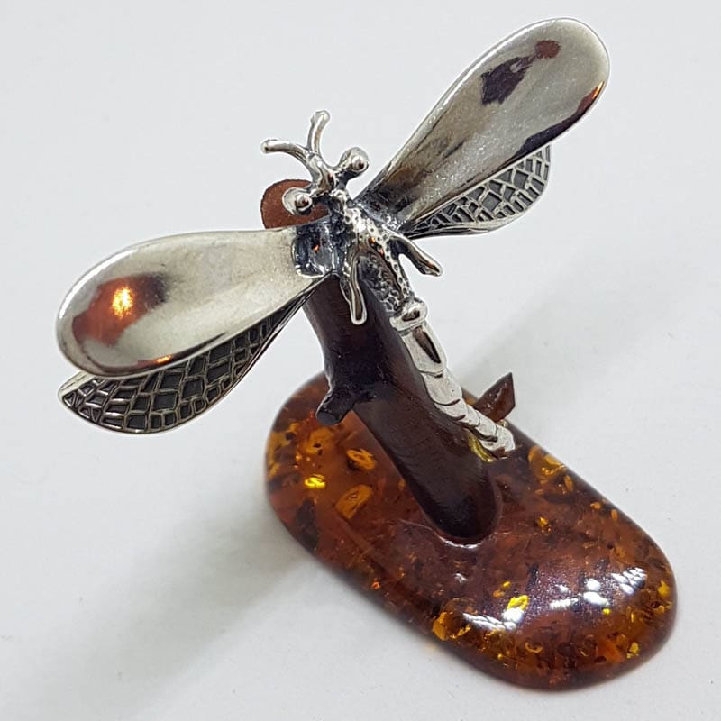 Dragonfly - Solid Sterling Silver Natural Baltic Amber Animal Figurine / Statue / Sculpture