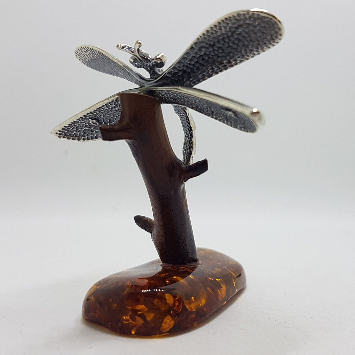 Dragonfly - Solid Sterling Silver Natural Baltic Amber Animal Figurine / Statue / Sculpture