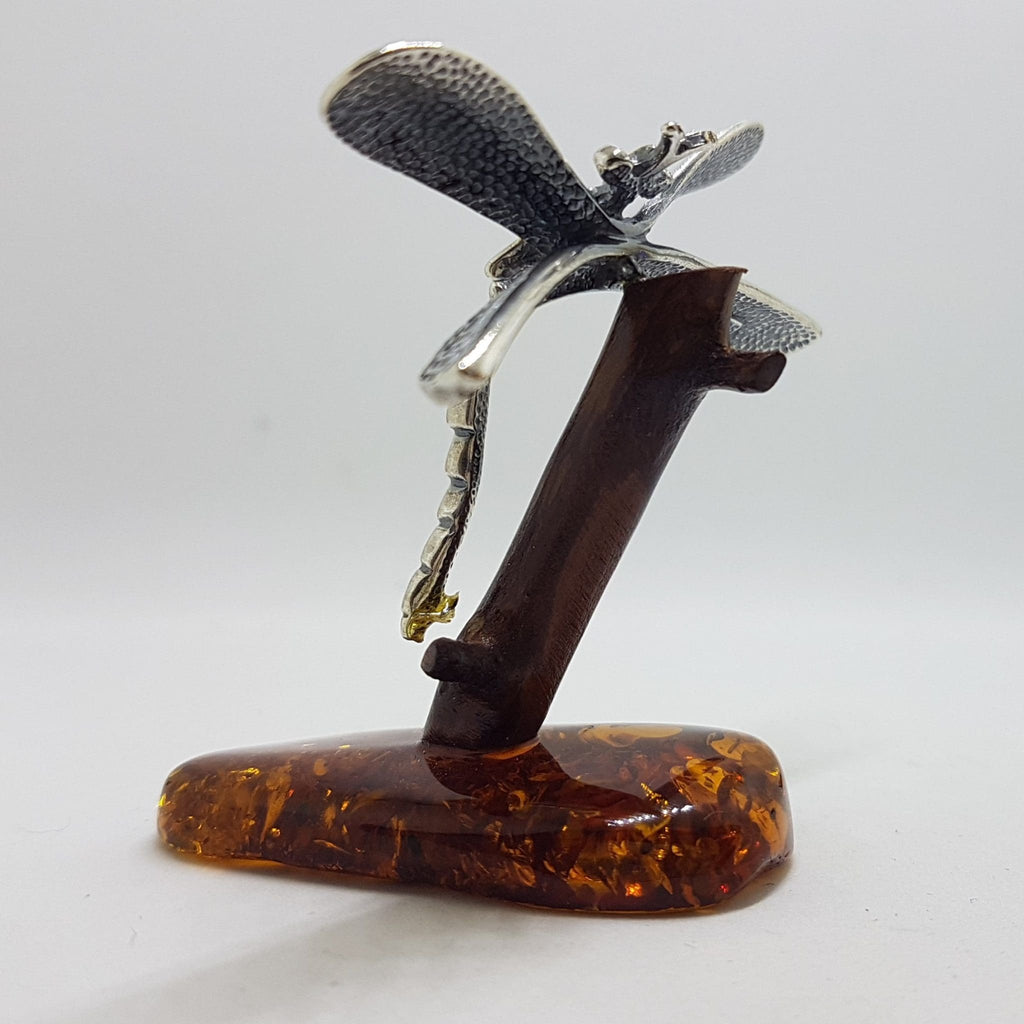 Dragonfly - Solid Sterling Silver Natural Baltic Amber Animal Figurine / Statue / Sculpture