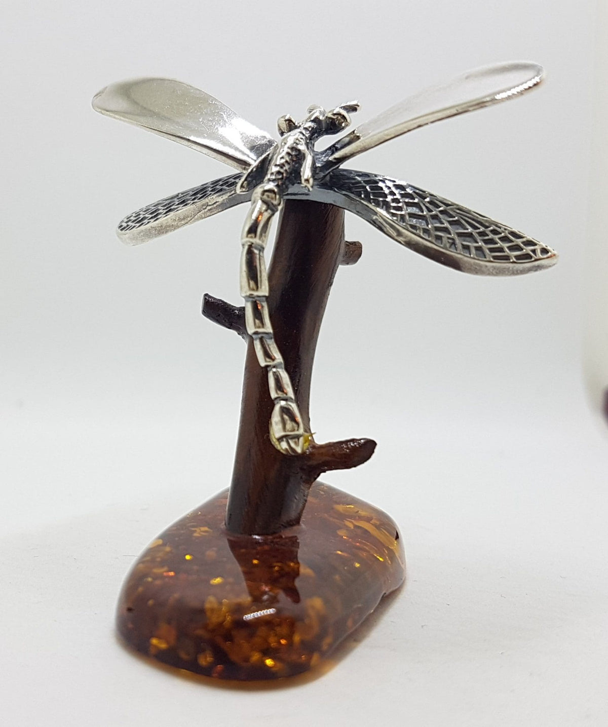 Dragonfly - Solid Sterling Silver Natural Baltic Amber Animal Figurine / Statue / Sculpture