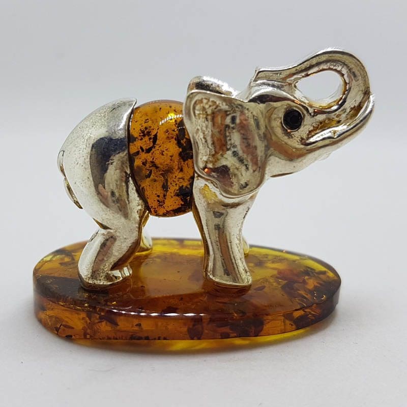 Elephant with Trunk Up - Sterling Silver Natural Baltic Amber Small Animal Figurine / Statue / Sculpture
