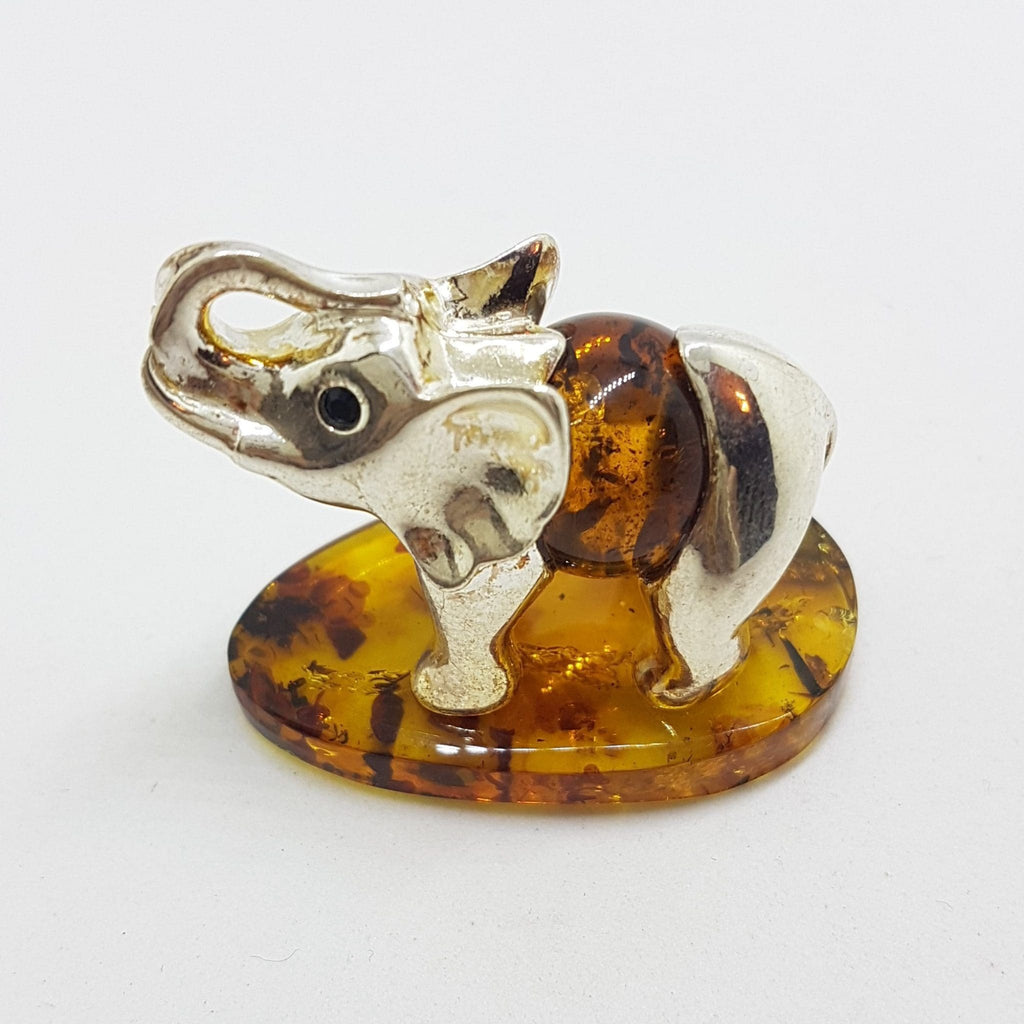 Elephant with Trunk Up - Sterling Silver Natural Baltic Amber Small Animal Figurine / Statue / Sculpture