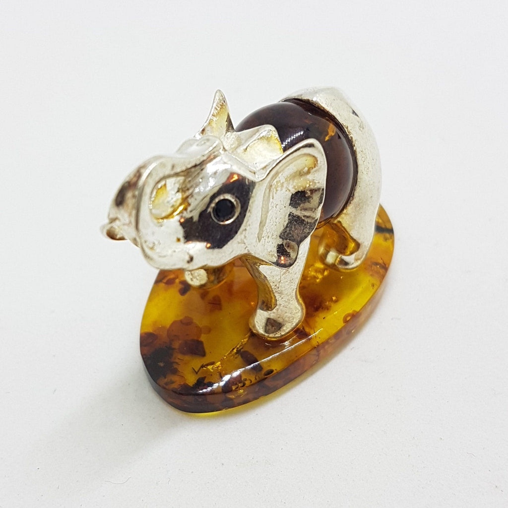 Elephant with Trunk Up - Sterling Silver Natural Baltic Amber Small Animal Figurine / Statue / Sculpture