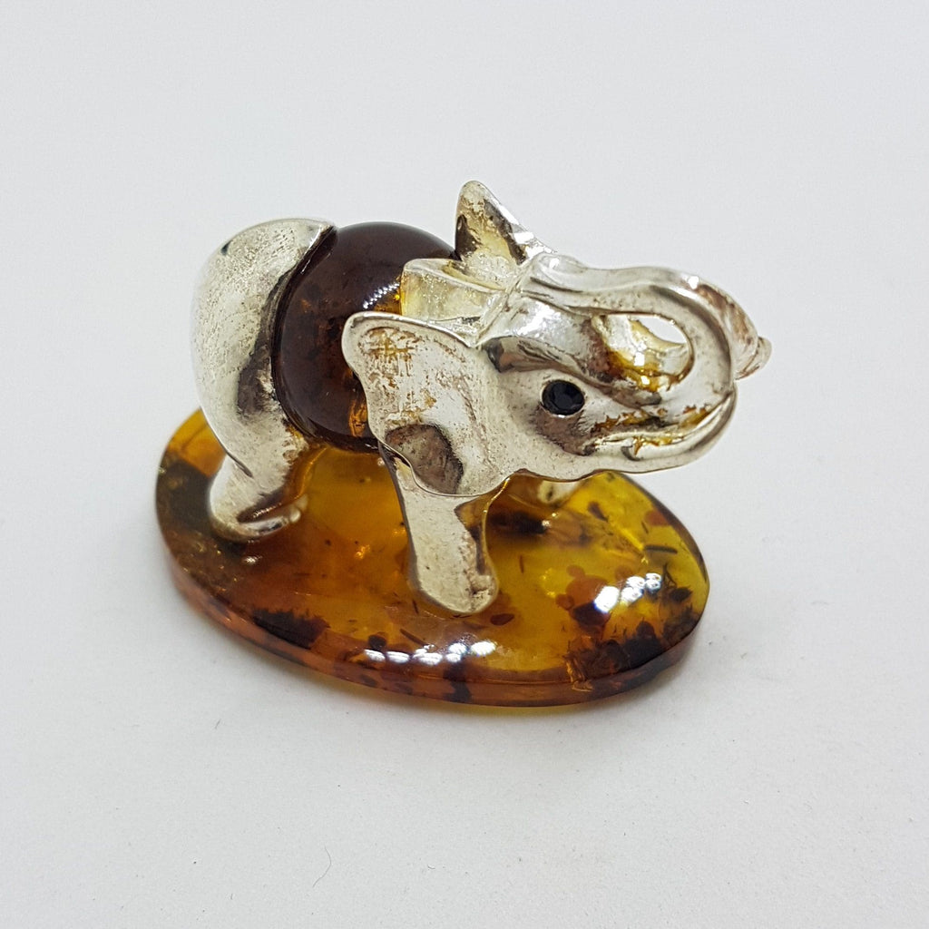 Elephant with Trunk Up - Sterling Silver Natural Baltic Amber Small Animal Figurine / Statue / Sculpture