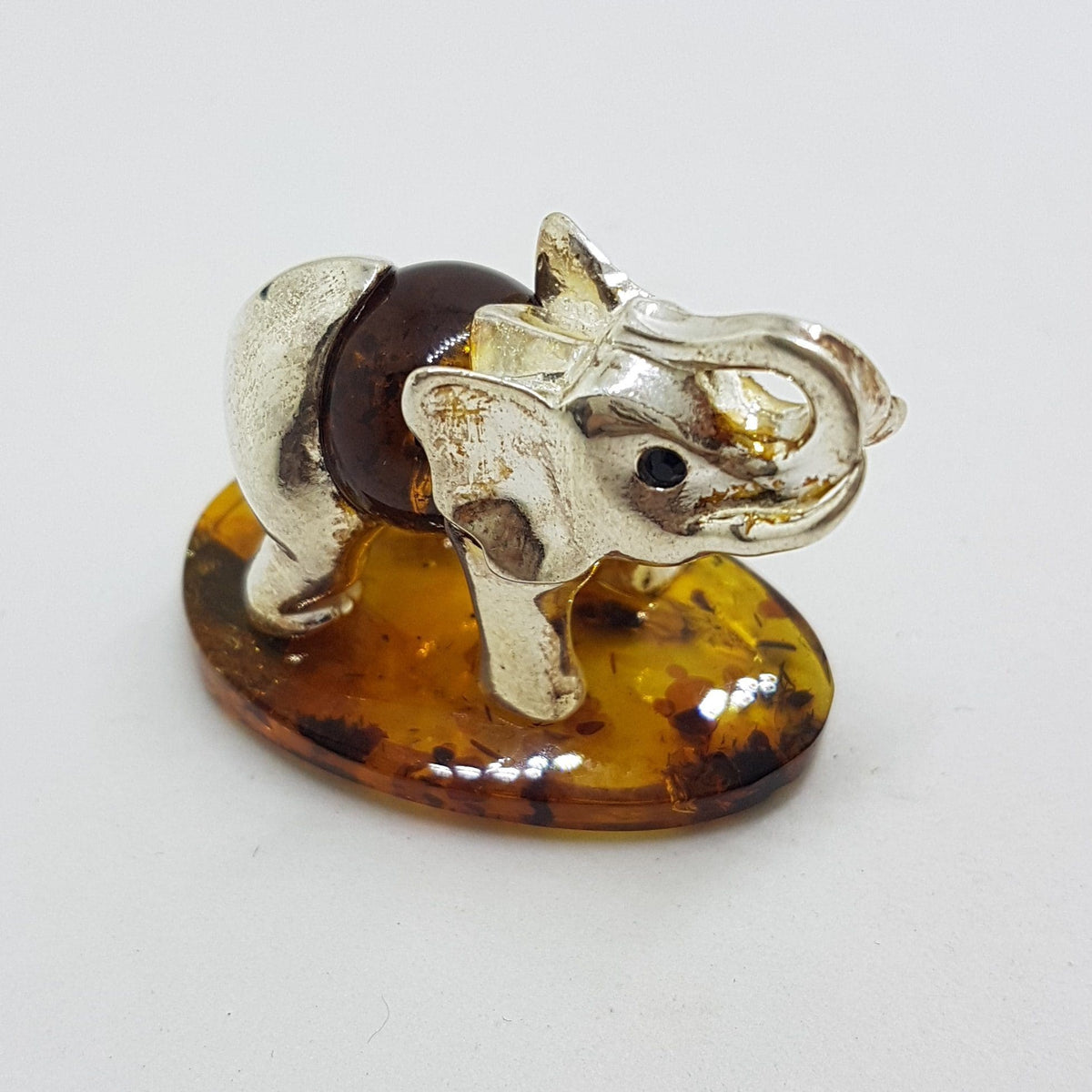 Elephant with Trunk Up - Sterling Silver Natural Baltic Amber Small Animal Figurine / Statue / Sculpture