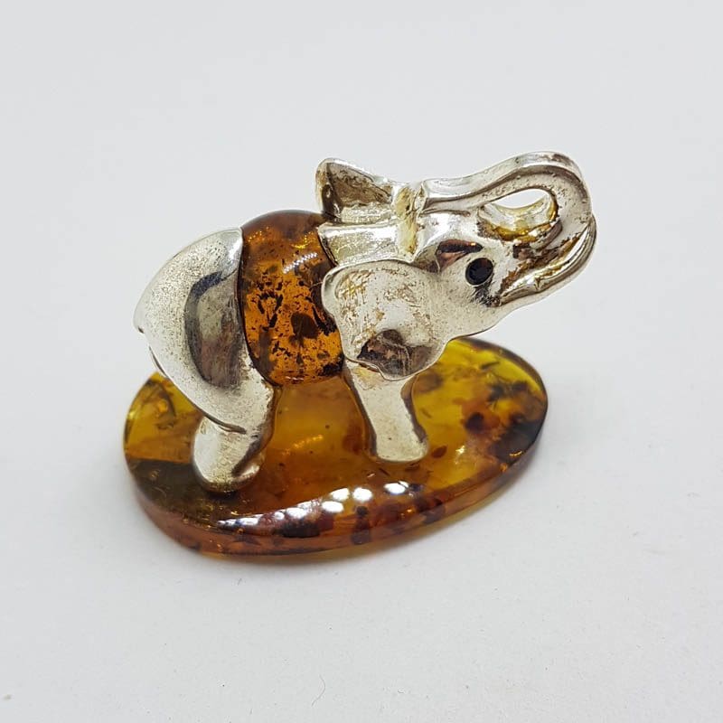 Elephant with Trunk Up - Sterling Silver Natural Baltic Amber Small Animal Figurine / Statue / Sculpture