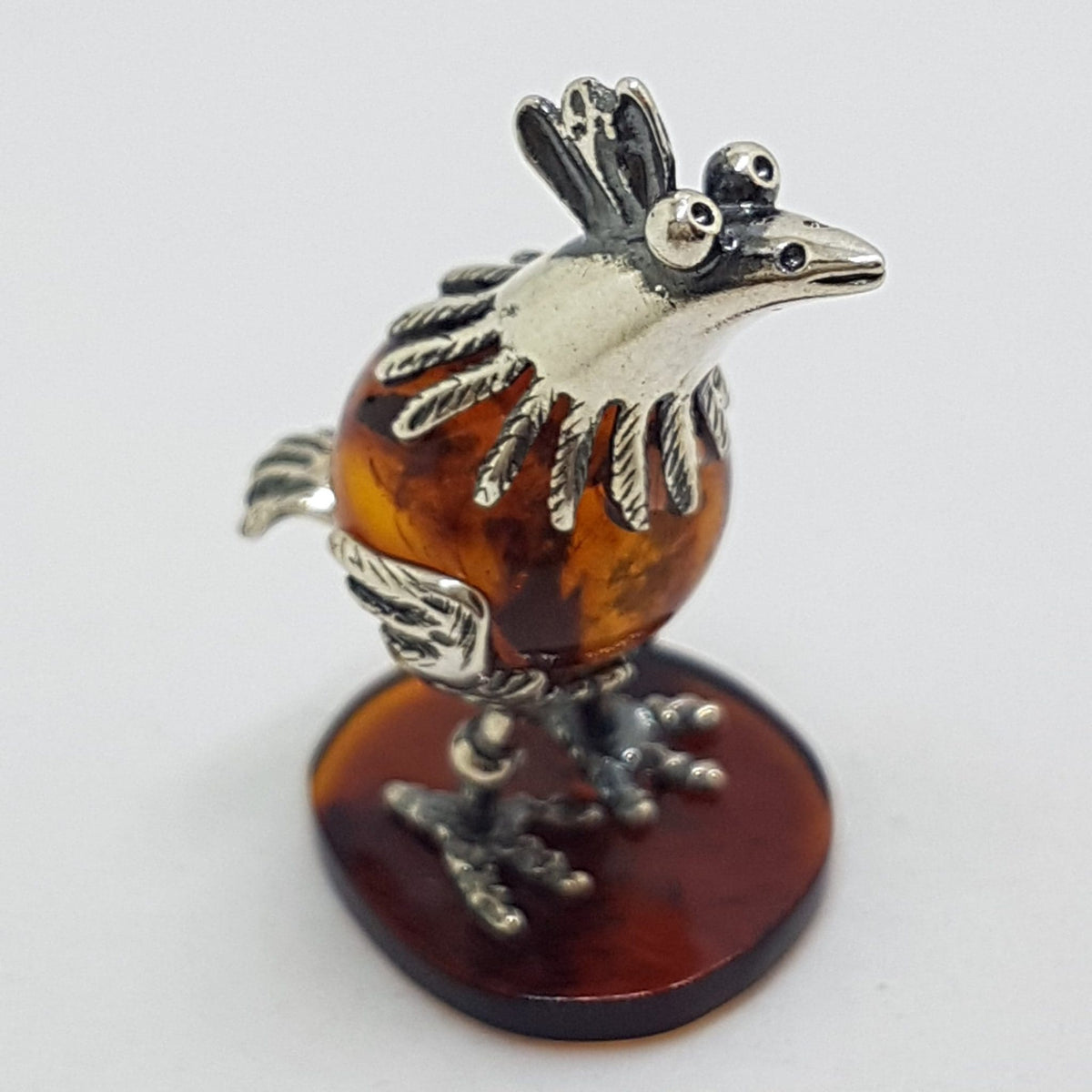 Cute Bird / Rooster / Hen - Sterling Silver Natural Baltic Amber Small Animal Figurine / Statue / Sculpture