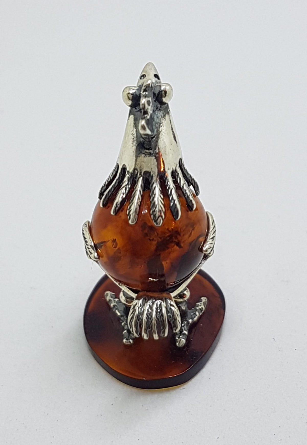 Cute Bird / Rooster / Hen - Sterling Silver Natural Baltic Amber Small Animal Figurine / Statue / Sculpture
