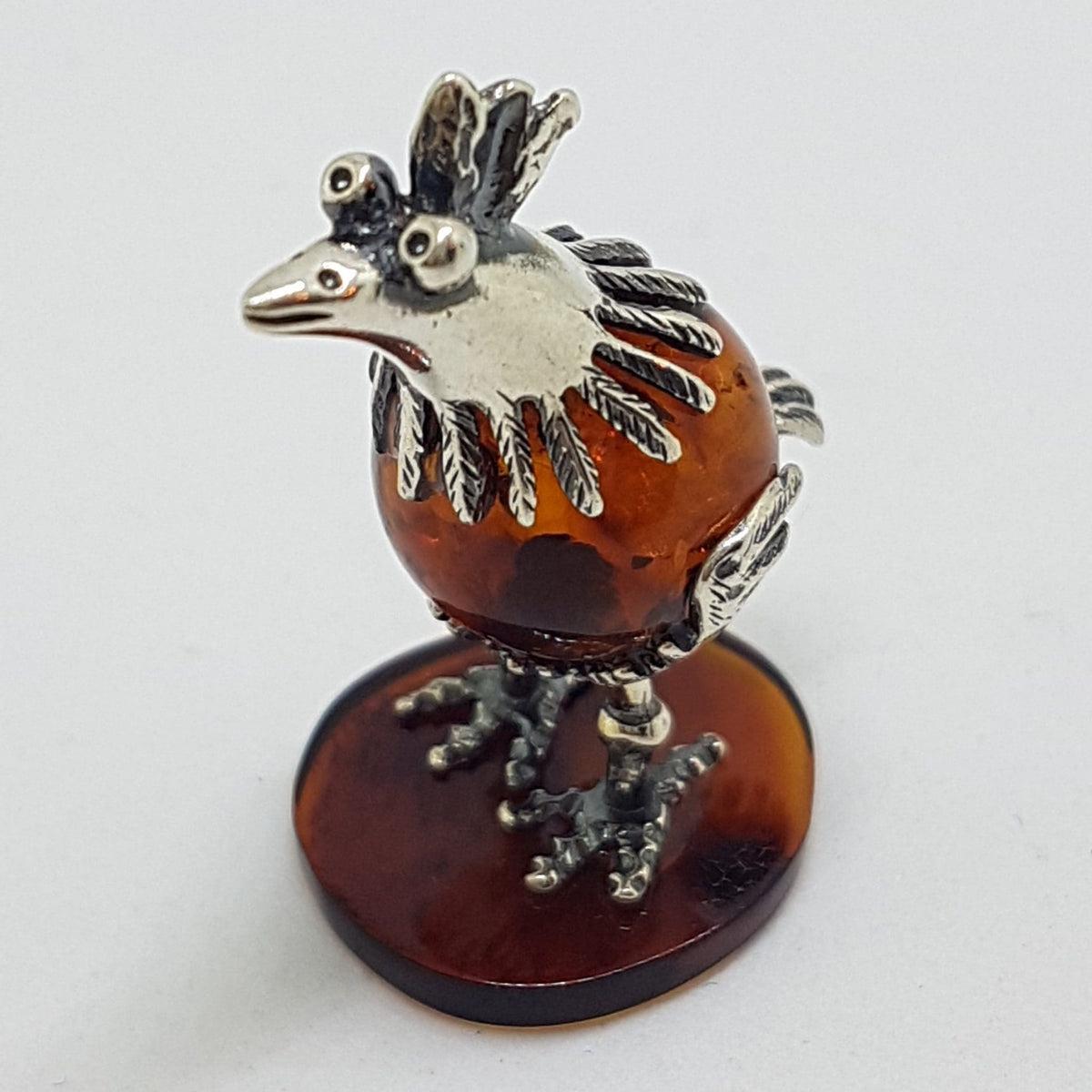 Cute Bird / Rooster / Hen - Sterling Silver Natural Baltic Amber Small Animal Figurine / Statue / Sculpture