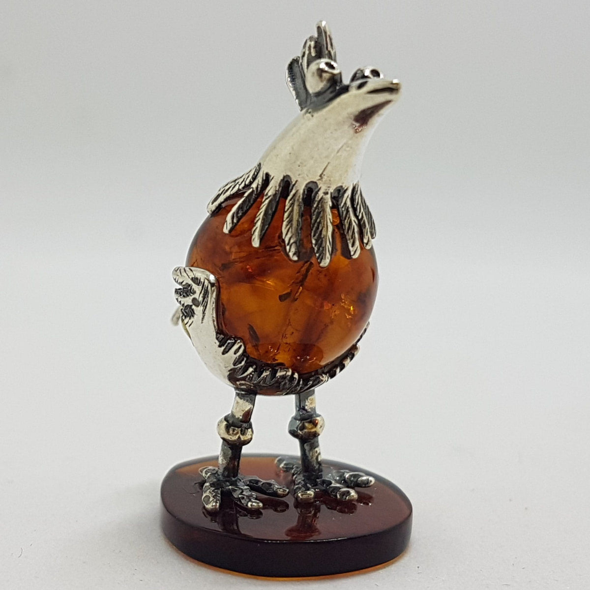 Cute Bird / Rooster / Hen - Sterling Silver Natural Baltic Amber Small Animal Figurine / Statue / Sculpture