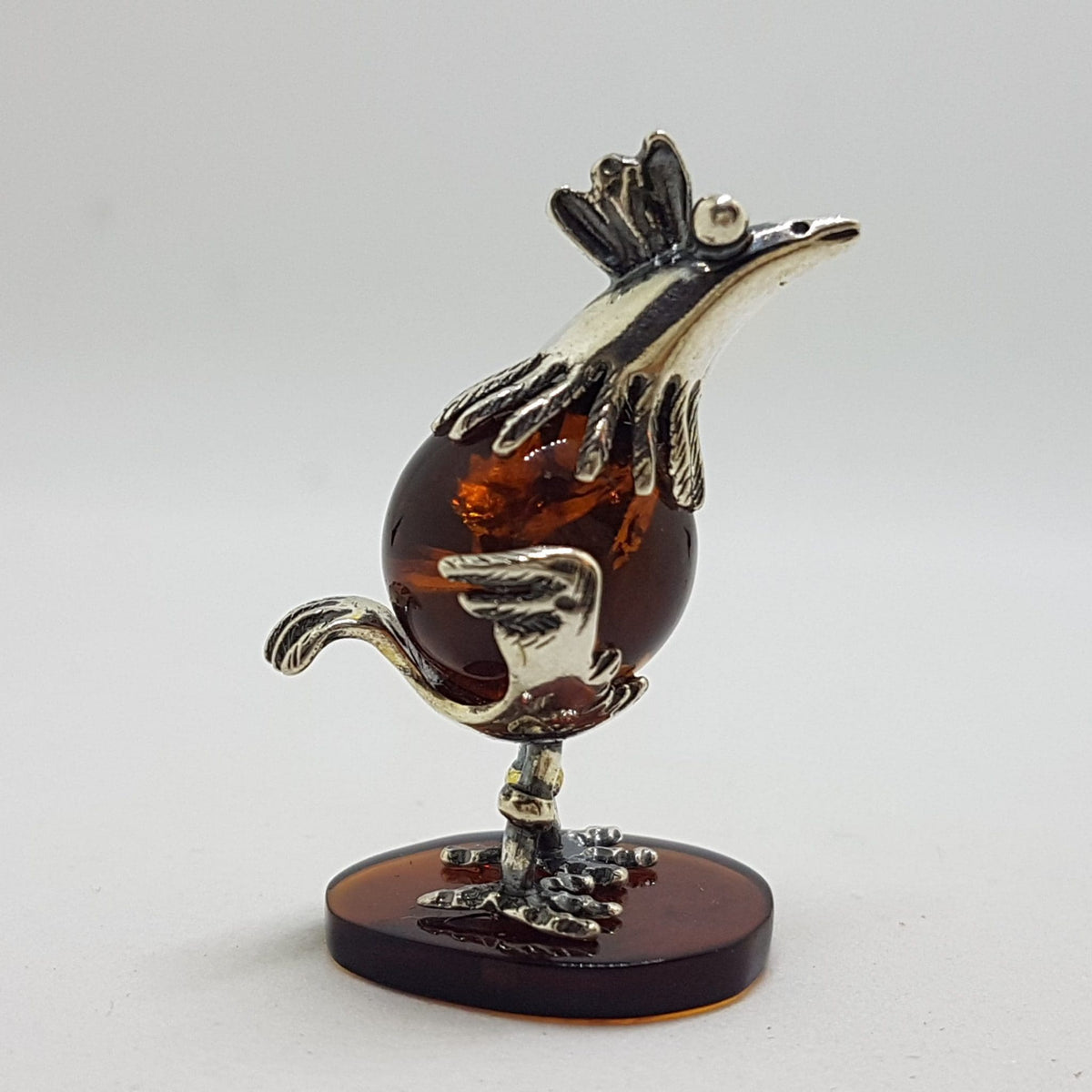 Cute Bird / Rooster / Hen - Sterling Silver Natural Baltic Amber Small Animal Figurine / Statue / Sculpture