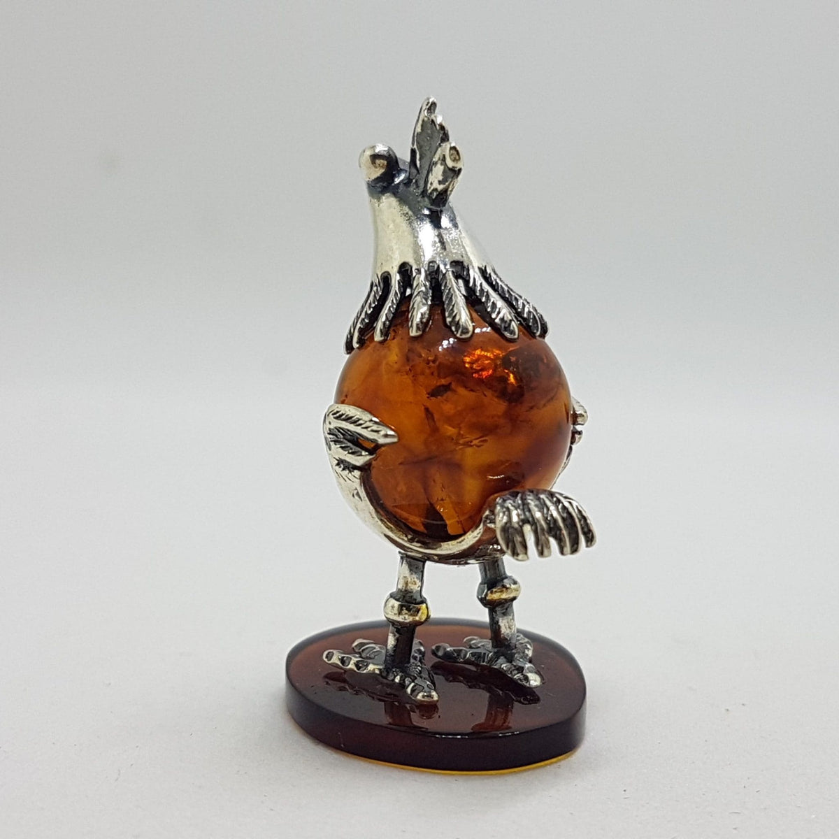 Cute Bird / Rooster / Hen - Sterling Silver Natural Baltic Amber Small Animal Figurine / Statue / Sculpture
