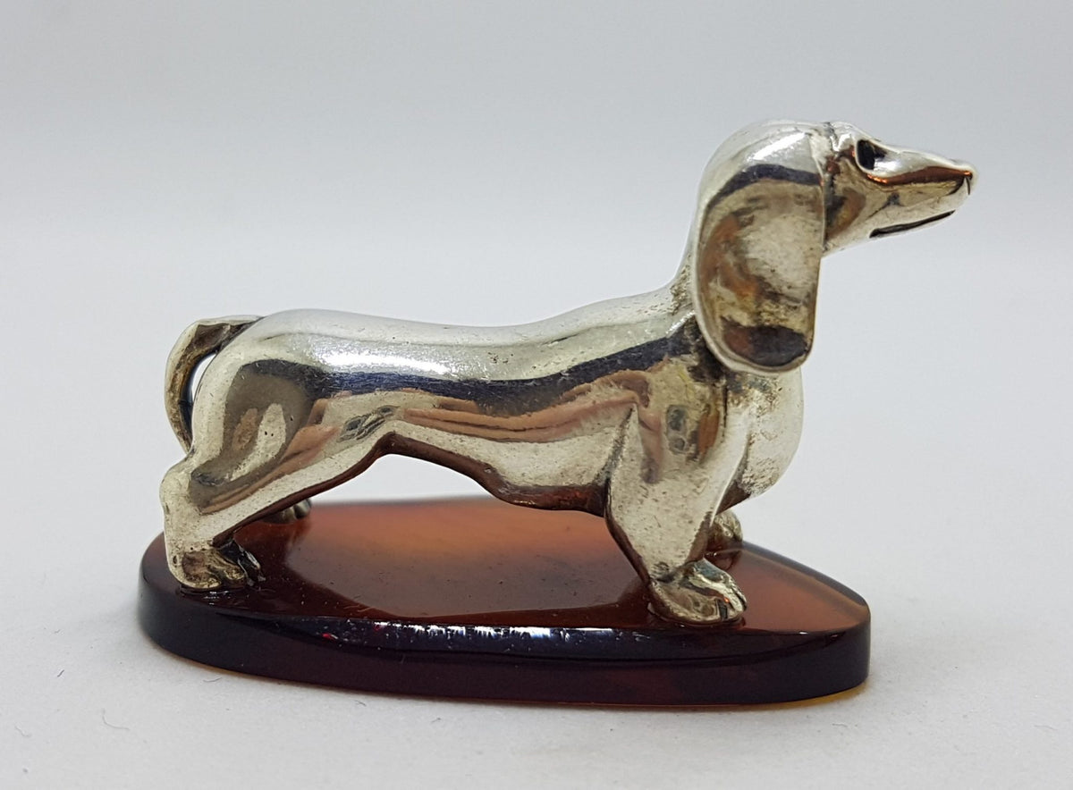 Dachshund / Sausage Dog - Solid Sterling Silver Natural Baltic Amber Animal Figurine / Statue / Sculpture