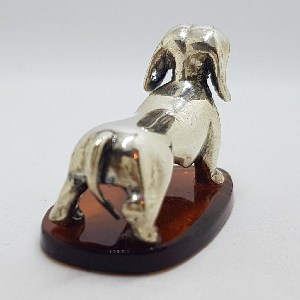 Dachshund / Sausage Dog - Solid Sterling Silver Natural Baltic Amber Animal Figurine / Statue / Sculpture