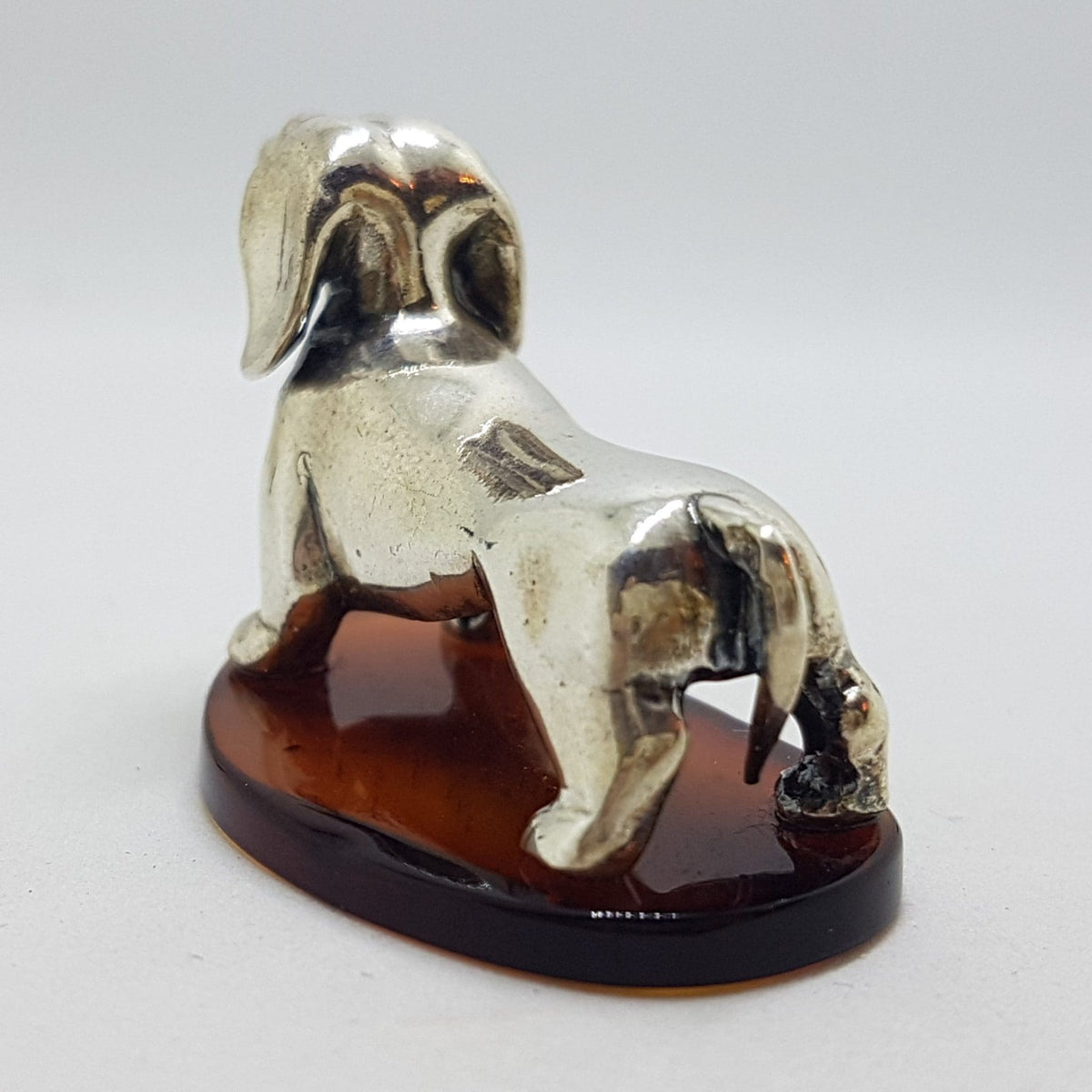 Dachshund / Sausage Dog - Solid Sterling Silver Natural Baltic Amber Animal Figurine / Statue / Sculpture