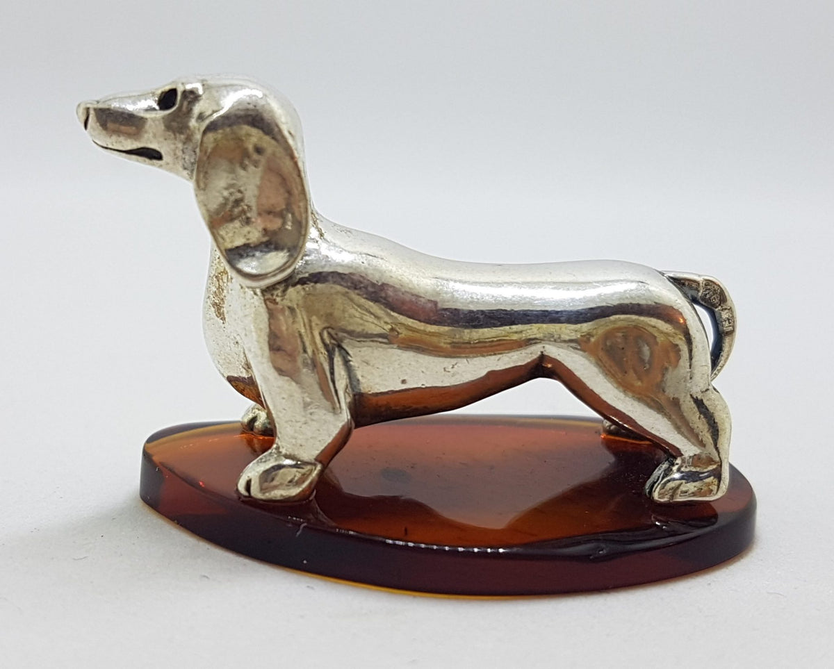 Dachshund / Sausage Dog - Solid Sterling Silver Natural Baltic Amber Animal Figurine / Statue / Sculpture