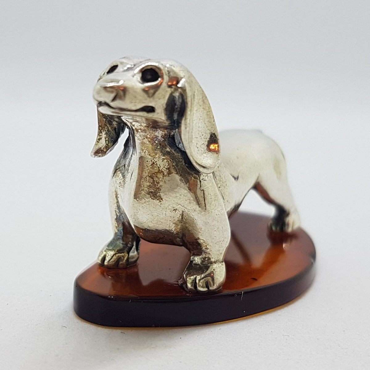 Dachshund / Sausage Dog - Solid Sterling Silver Natural Baltic Amber Animal Figurine / Statue / Sculpture