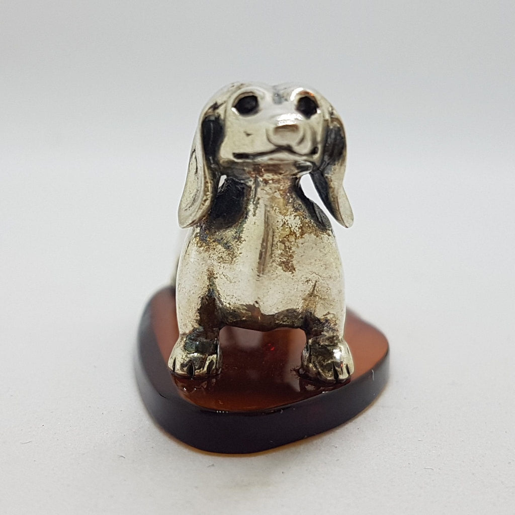 Dachshund / Sausage Dog - Solid Sterling Silver Natural Baltic Amber Animal Figurine / Statue / Sculpture