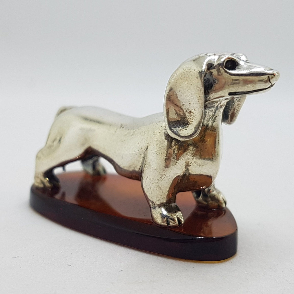 Dachshund / Sausage Dog - Solid Sterling Silver Natural Baltic Amber Animal Figurine / Statue / Sculpture