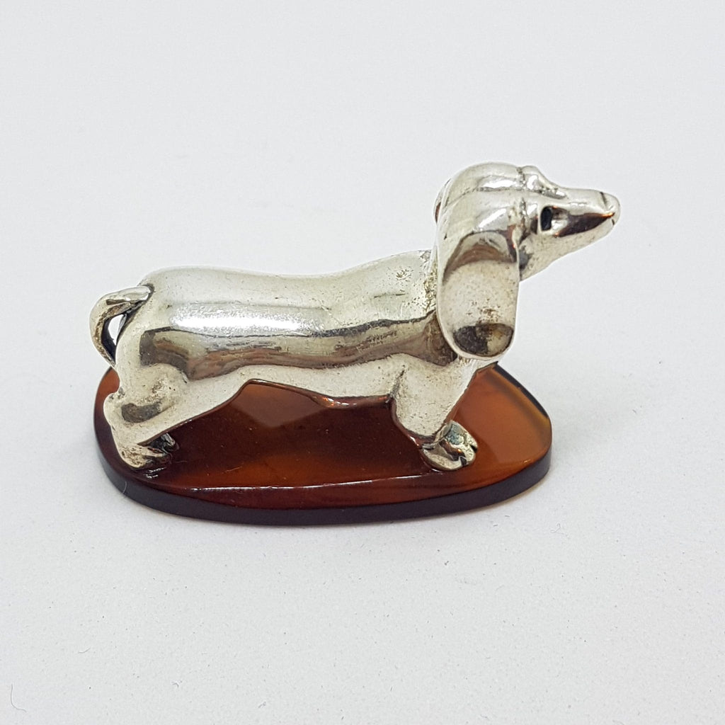 Dachshund / Sausage Dog - Solid Sterling Silver Natural Baltic Amber Animal Figurine / Statue / Sculpture