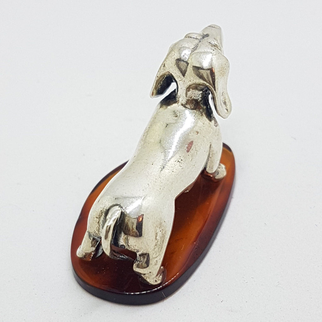 Dachshund / Sausage Dog - Solid Sterling Silver Natural Baltic Amber Animal Figurine / Statue / Sculpture