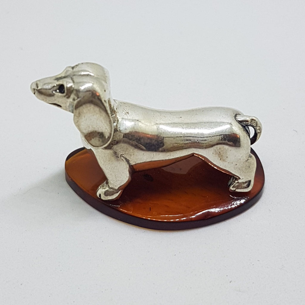 Dachshund / Sausage Dog - Solid Sterling Silver Natural Baltic Amber Animal Figurine / Statue / Sculpture