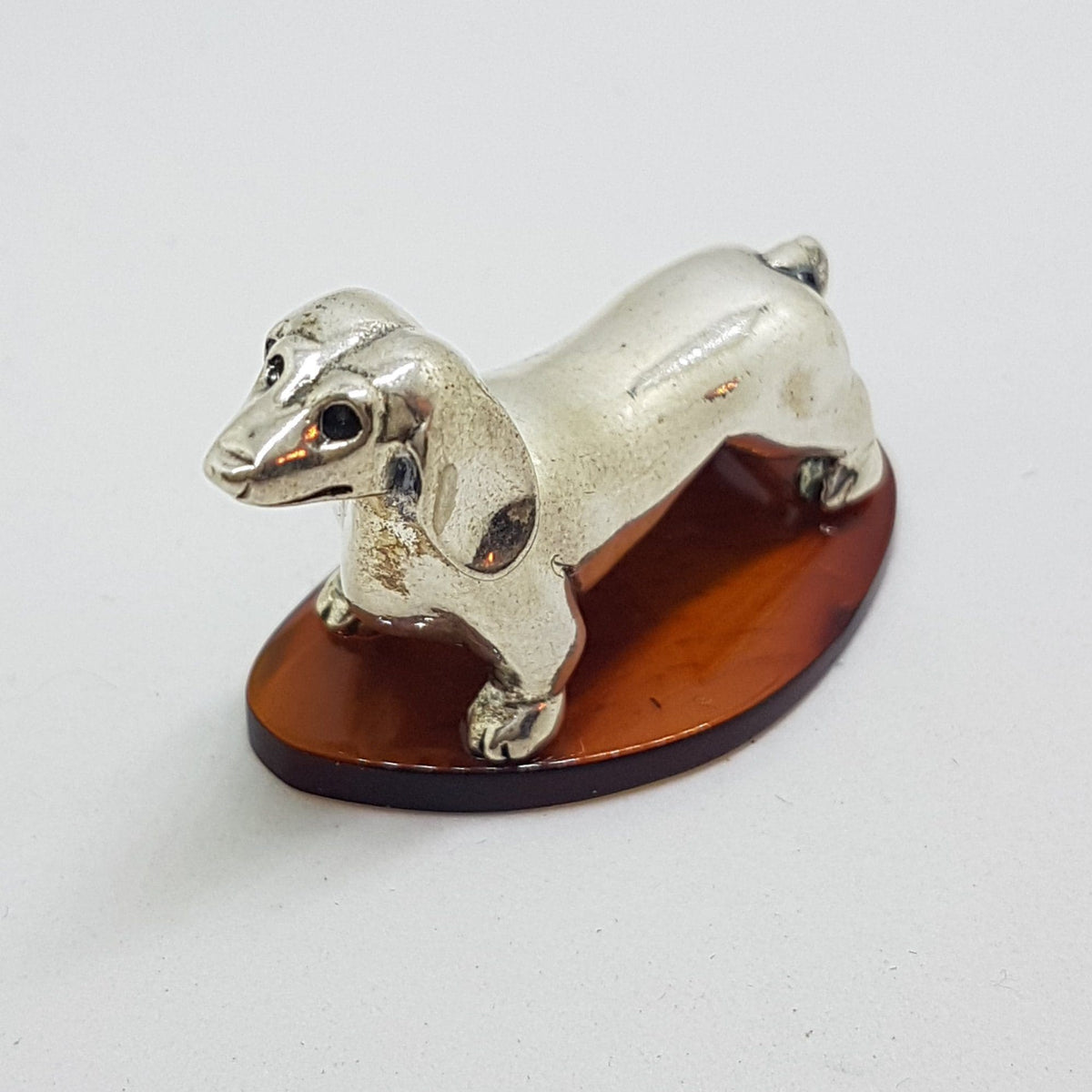 Dachshund / Sausage Dog - Solid Sterling Silver Natural Baltic Amber Animal Figurine / Statue / Sculpture