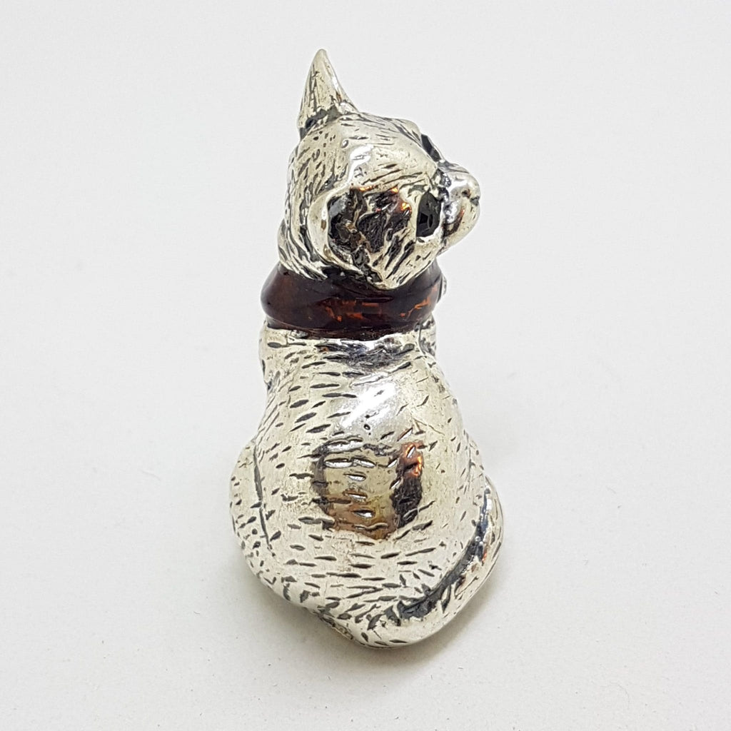 Sitting Cat with Collar and Ball - Sterling Silver Natural Baltic Amber Small Animal Figurine / Statue / Sculpture